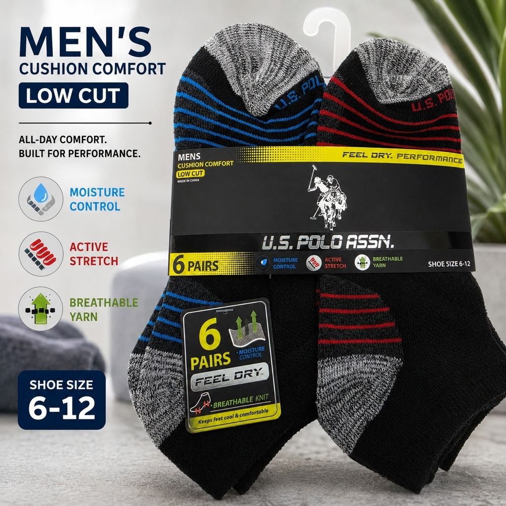 US Polo Assn Mens 6 Pair Low Cut Cushion Comfort Performance Socks Size 6-12 New